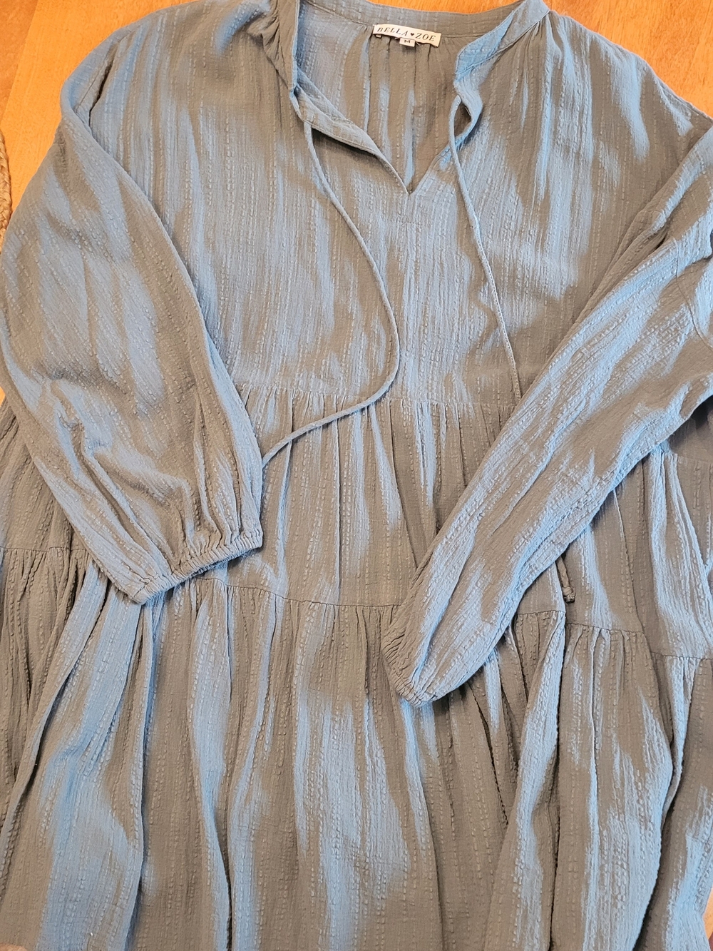 Dusty Blue Textured Tiered Tunic with Tie Neck